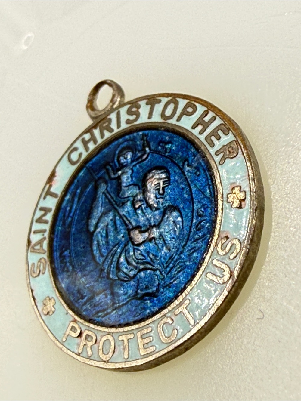 Rare 1960’s Japan Saint Christopher Enamel Medal Pendant Blue White charm - Picture 2 of 10